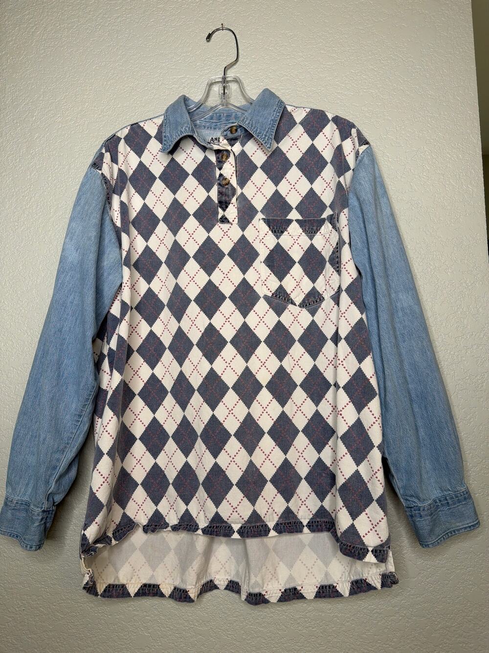 Andrews Blues Denim Patchwork Henley Shirt Cotton Blue Large